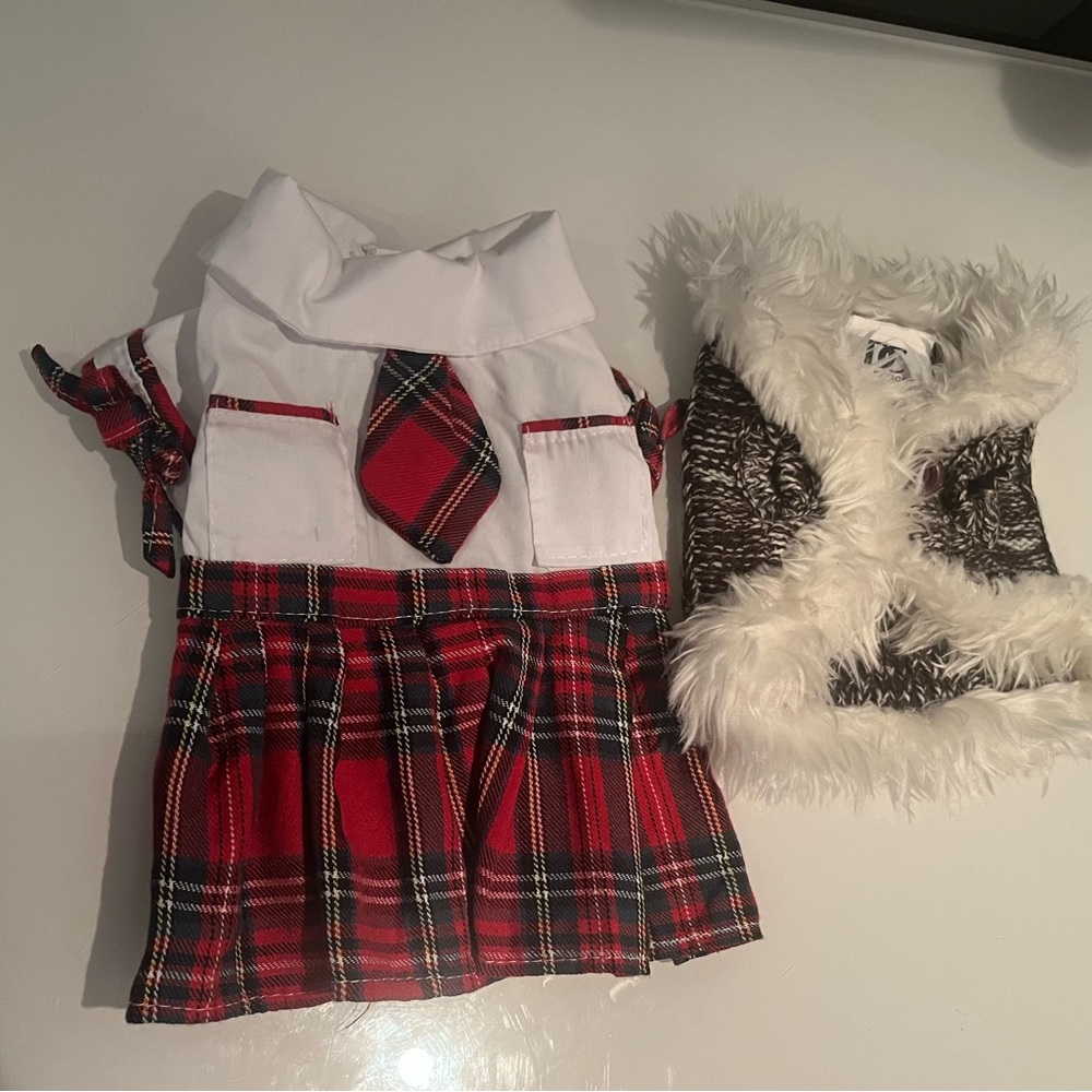 Red Plaid Dress with Faux Fur Vest